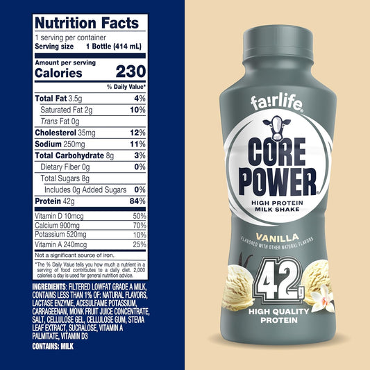 Core Power Fairlife Elite 42g High Protein Milk Shake, Ready To Drink for Workout Recovery, Vanilla, 14 Fl Oz (Pack of 12)