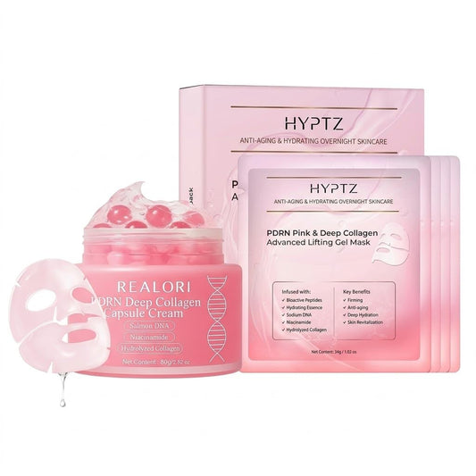 PDRN Collagen Capsule Cream & Deep Hydrating Overnight Gel Mask Set - Anti-Aging Face Moisturizer with Salmon DNA, Niacinamide & Peptides for Firming, Lifting, and Skin Revitalization - 2-Piece Bundle