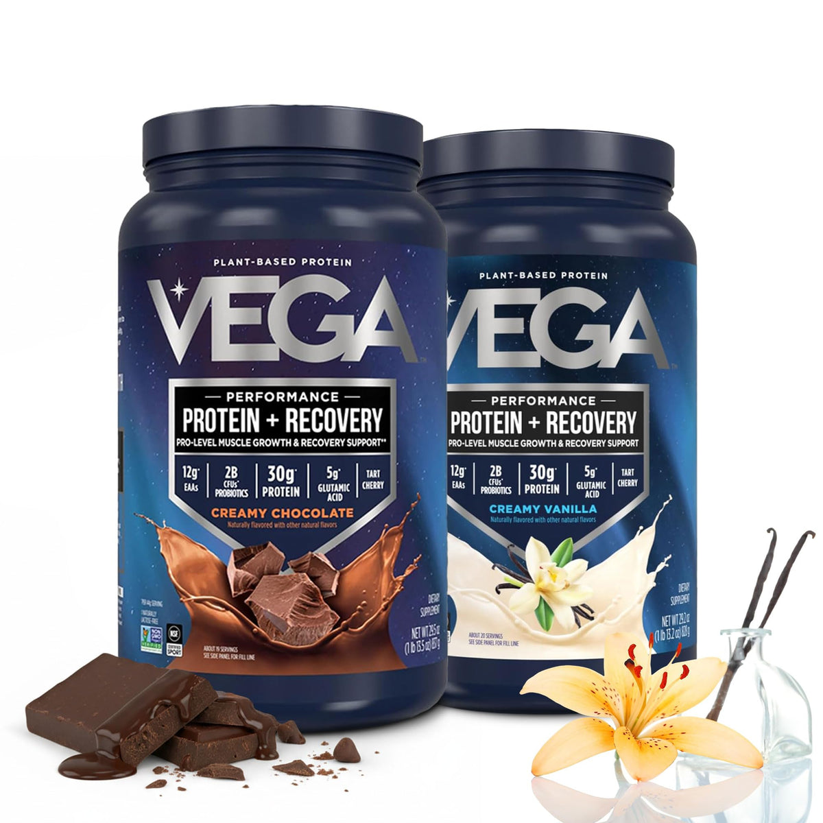 Vega Protein + Recovery, Vanilla – 30g Vegan Protein, Dairy & Gluten Free, Probiotics, NSF Certified, 28.8 oz (20 Servings)