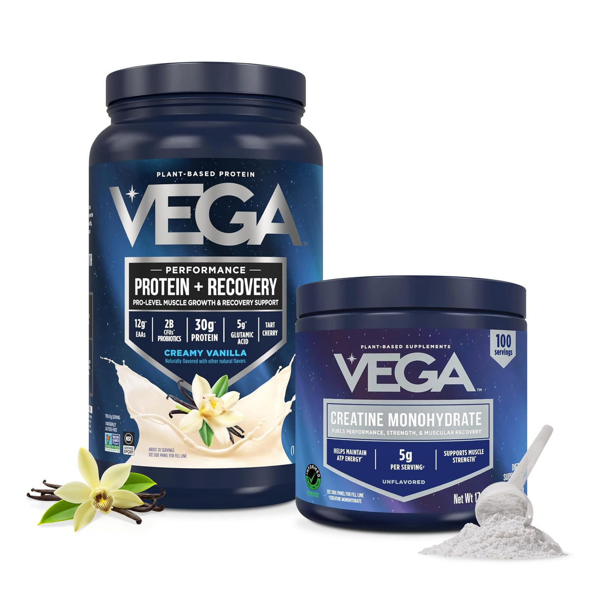 Vega Protein + Recovery, Vanilla – 30g Vegan Protein, Dairy & Gluten Free, Probiotics, NSF Certified, 28.8 oz (20 Servings)