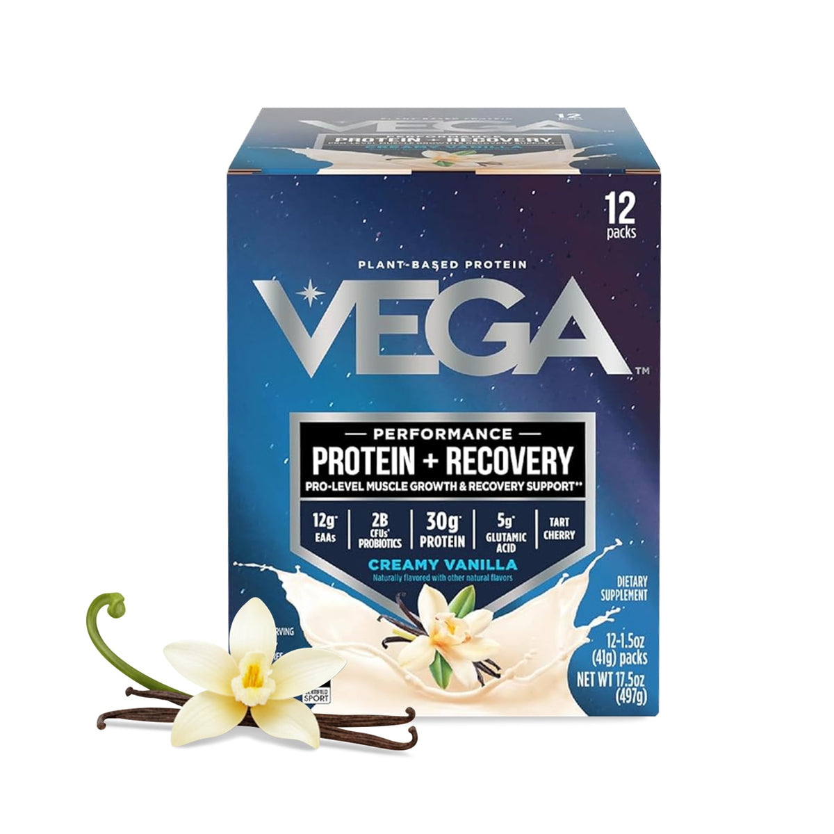 Vega Protein + Recovery, Vanilla – 30g Vegan Protein, Dairy & Gluten Free, Probiotics, NSF Certified, 28.8 oz (20 Servings)
