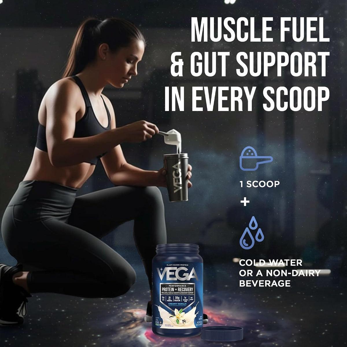 Vega Protein + Recovery, Vanilla – 30g Vegan Protein, Dairy & Gluten Free, Probiotics, NSF Certified, 28.8 oz (20 Servings)