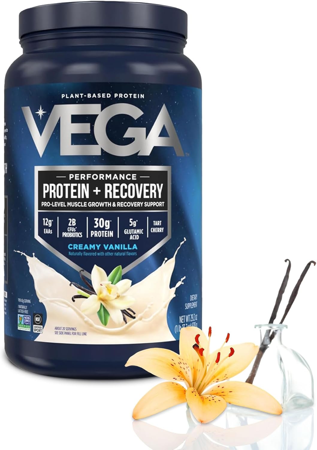 Vega Protein + Recovery, Vanilla – 30g Vegan Protein, Dairy & Gluten Free, Probiotics, NSF Certified, 28.8 oz (20 Servings)