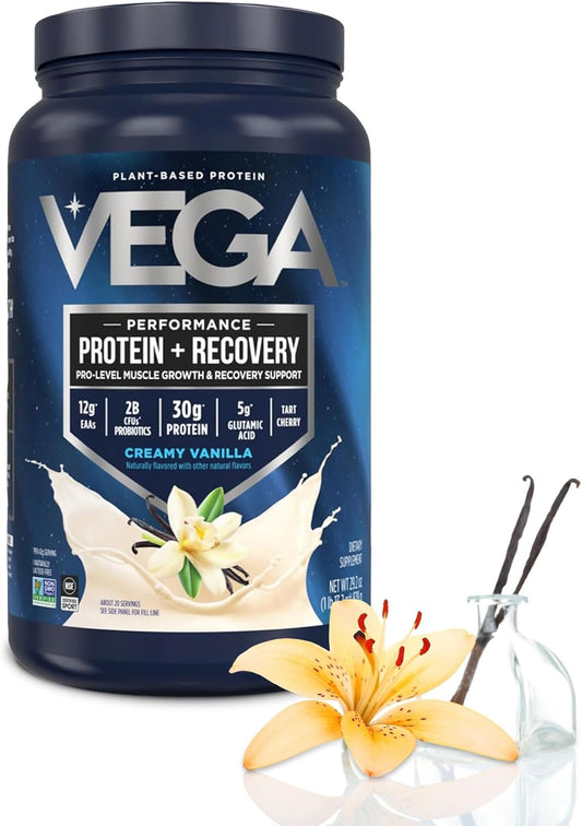 Vega Protein + Recovery, Vanilla – 30g Vegan Protein, Dairy & Gluten Free, Probiotics, NSF Certified, 28.8 oz (20 Servings)