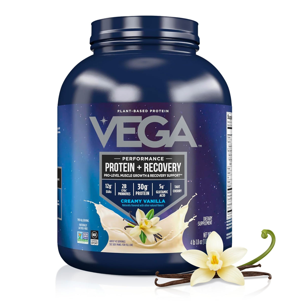 Vega Protein + Recovery, Vanilla – 30g Vegan Protein, Dairy & Gluten Free, Probiotics, NSF Certified, 28.8 oz (20 Servings)