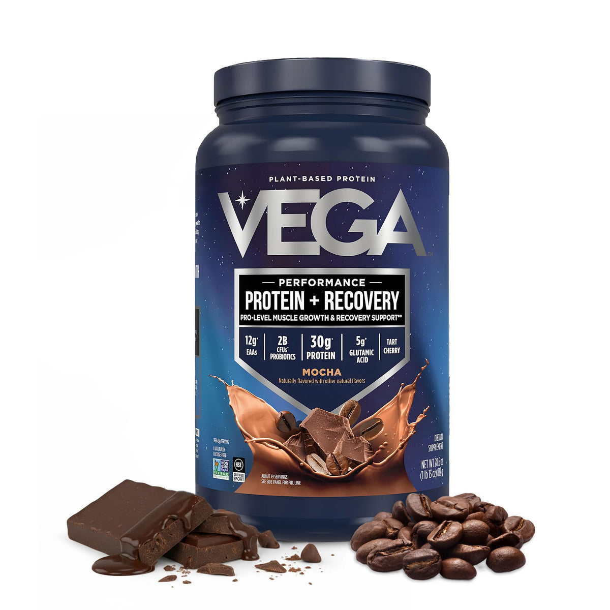 Vega Protein + Recovery, Vanilla – 30g Vegan Protein, Dairy & Gluten Free, Probiotics, NSF Certified, 28.8 oz (20 Servings)