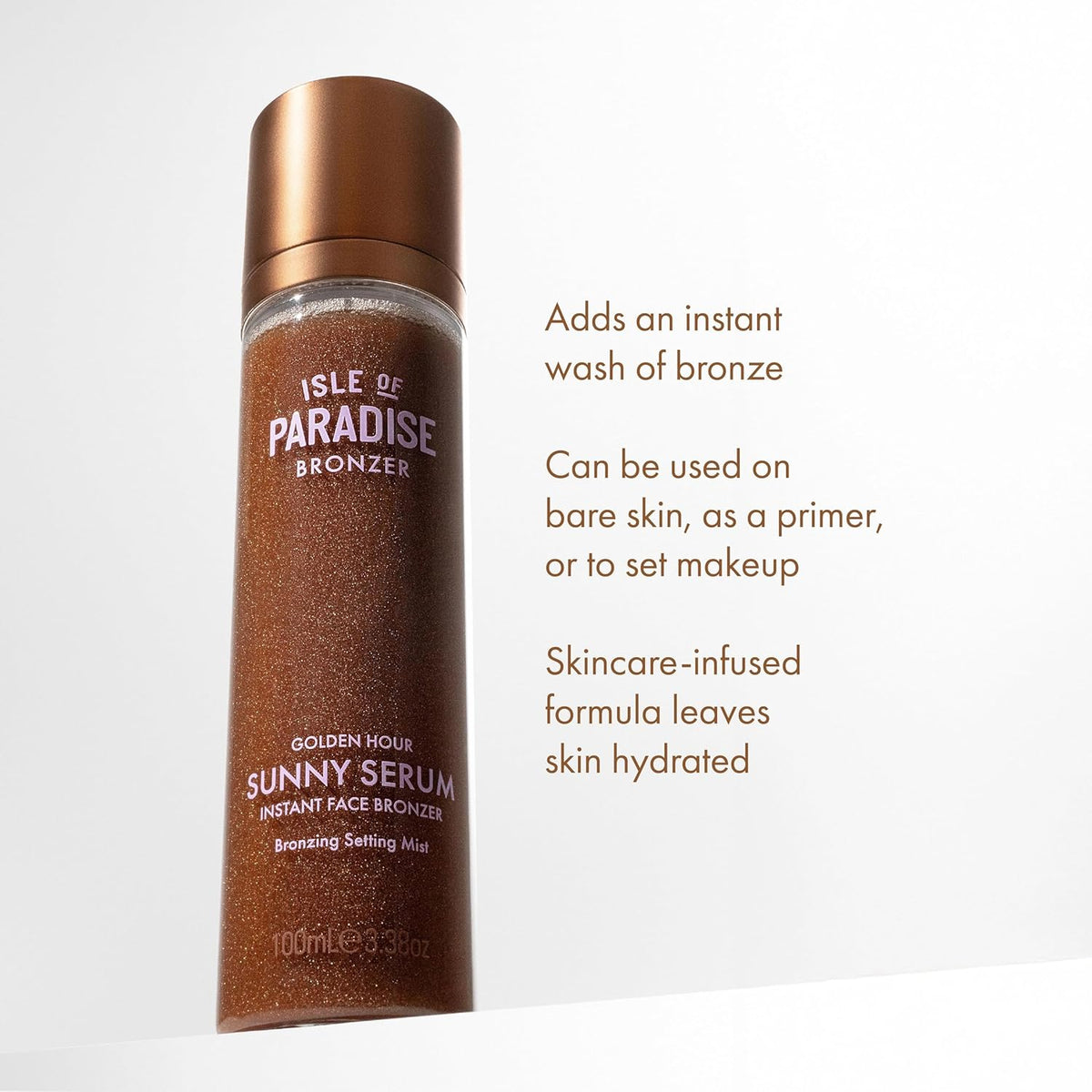 Isle of Paradise Sunny Serum Instant Bronzing Setting Mist- Golden Hour, Hydrating & Illuminating Makeup Setting Spray, Lightweight Formula, Vitamin B5 & Antioxidants, 3.38 fl. oz/100 ml Bottle