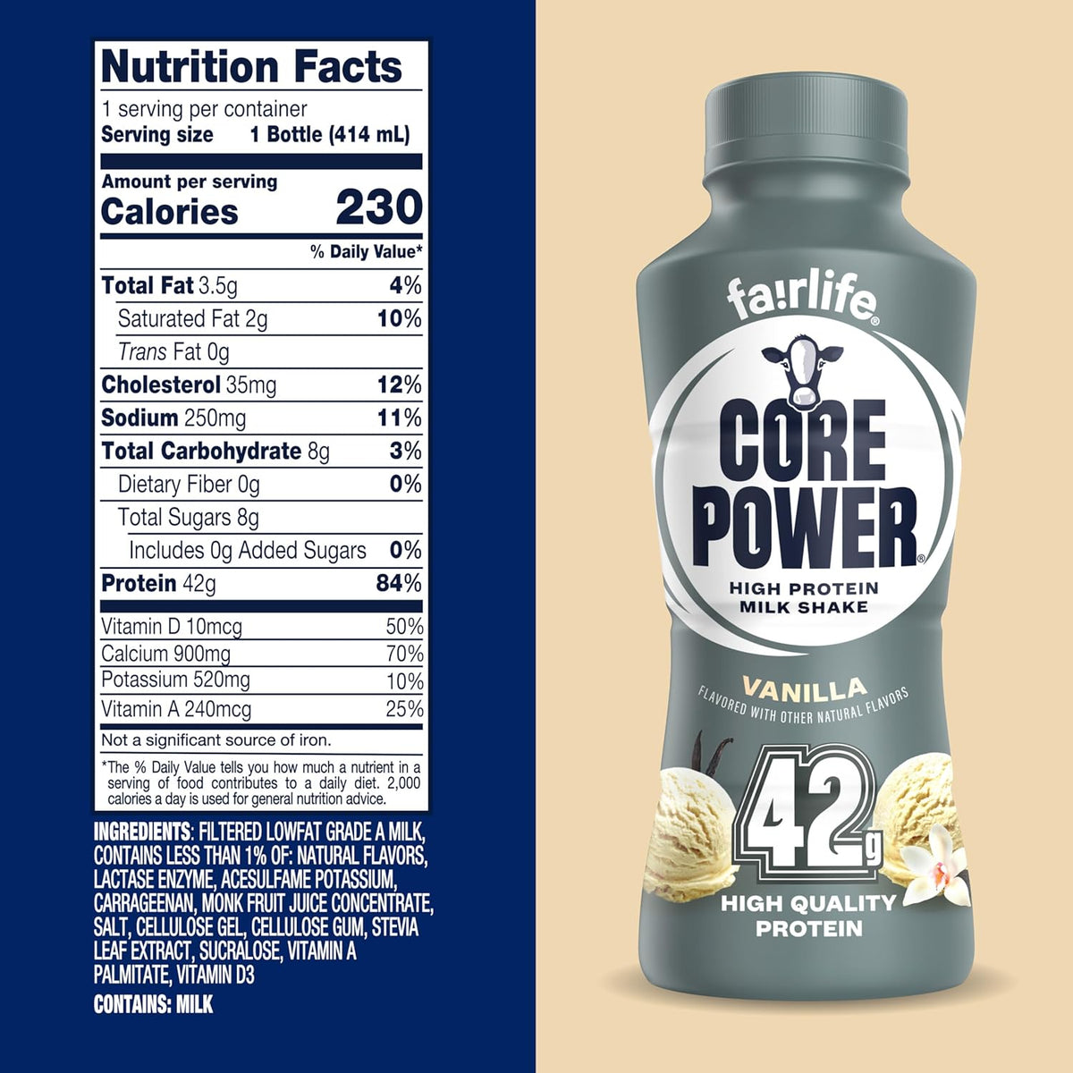 Core Power Fairlife Elite 42g High Protein Milk Shake, Ready To Drink for Workout Recovery, Vanilla, 14 Fl Oz (Pack of 12)