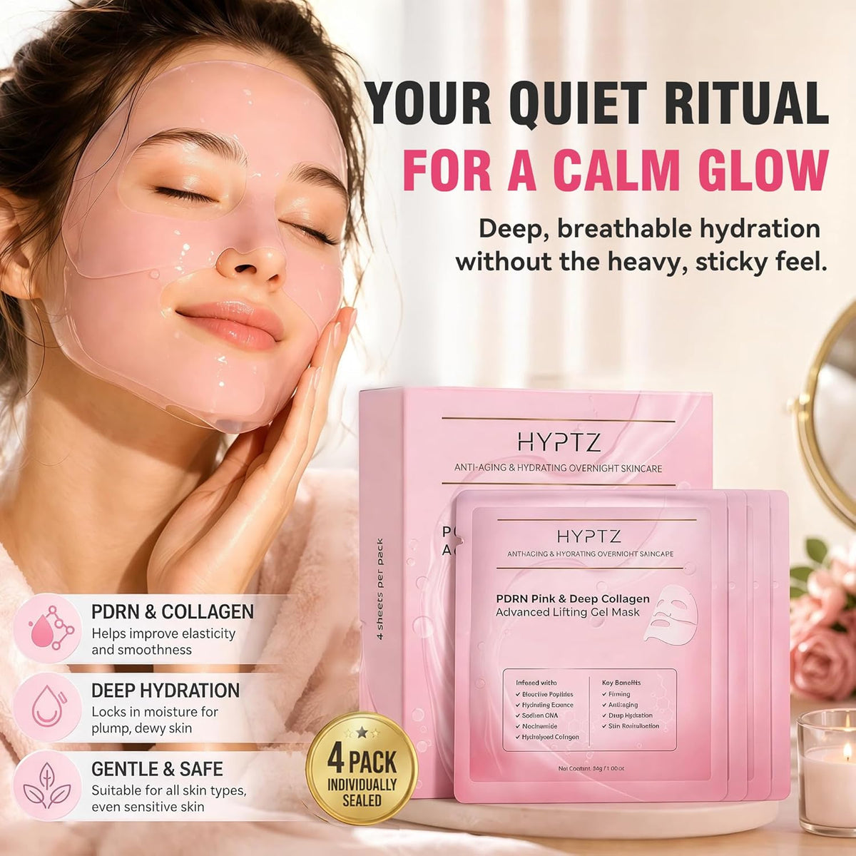 realori Salmon DNA PDRN Collagen Face Mask – Korean Face Mask for Glass Skin – Collagen Face Masks Skincare Overnight Hydrogel – Firming, Hydrating Face Masks, Pink Collagen Mask 4-Pack