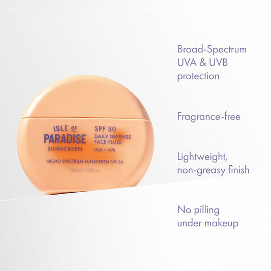 Isle Of Paradise Daily Defense Face Fluid SPF 50 Sunscreen, Broad-Spectrum UVA/UVB Protection, Lightweight & Non-Greasy, Liquid Face Sunscreen for All Skin Types, 1.69 fl. Oz